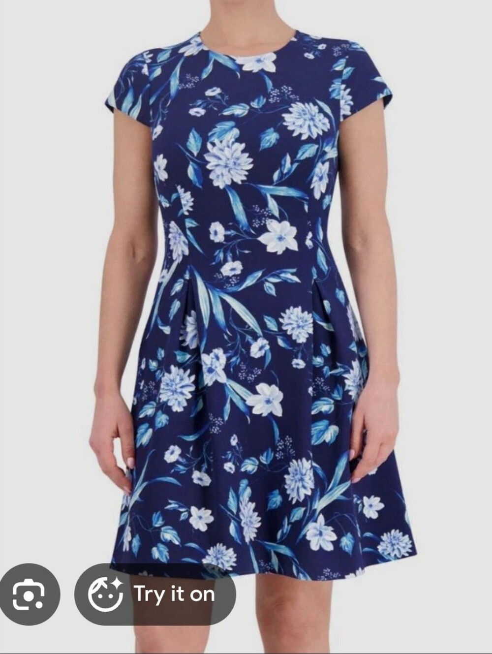 DKNY Navy Blue Floral Fit & Flare Dress Size 2 NWT Cap Sleeve Knee Length